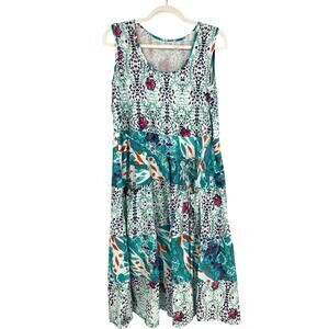 Modaposa Sun Dress Women Medium Turquoise Floral Print 100% Cotton Lined Pockets